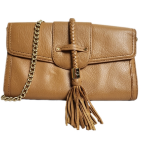 Clutch Handbag removable shoulder strap tassel Leather Tan Gold color C WONDER